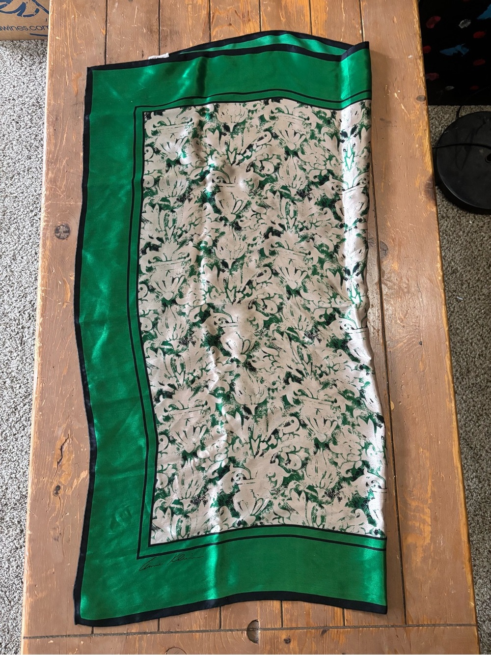Anne Klein Silk Square Scarf Abstract Green and Ivory Floral Pattern